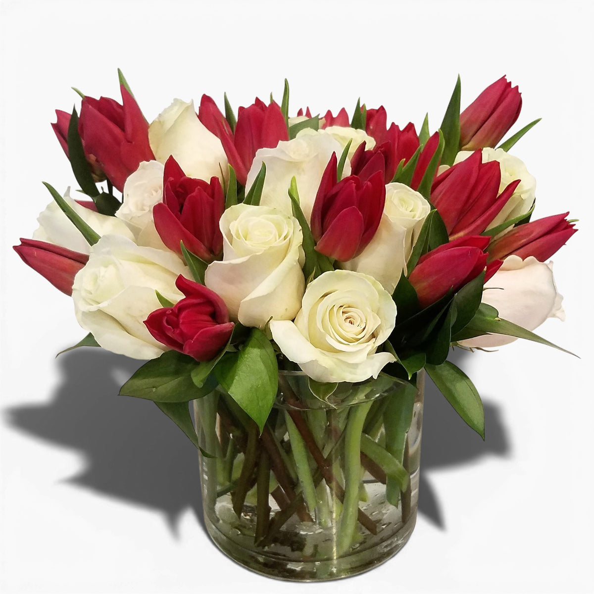 18 White Roses and Red Tulips