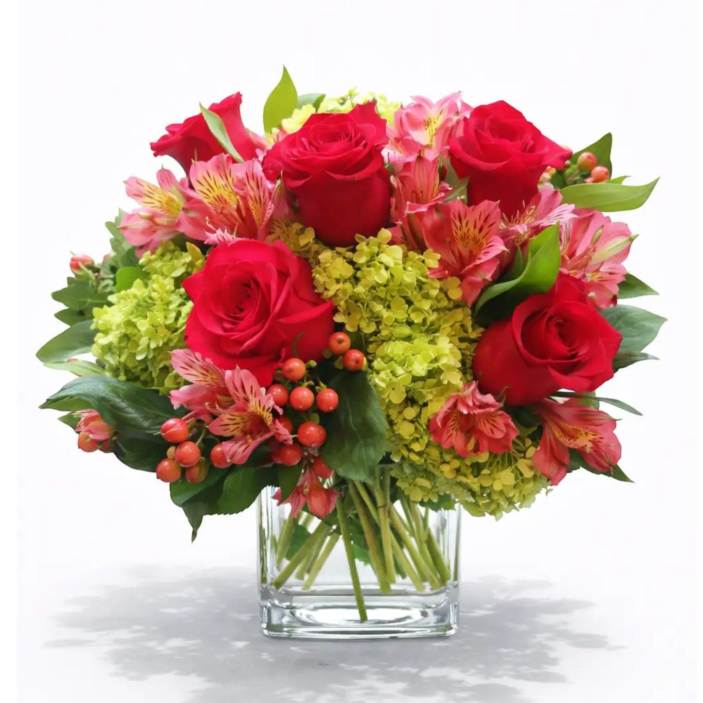 Red Roses Hydrangea Alstro and Berries